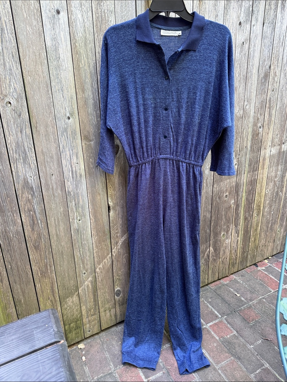 Horchow Classic Navy Jersey snap front Jumpsuit, thin elastic waistline